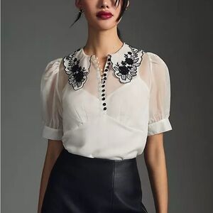 Maeve Anthropologie Puff Sleeve Sheer White Blouse Beaded Embroidery Collared 8
